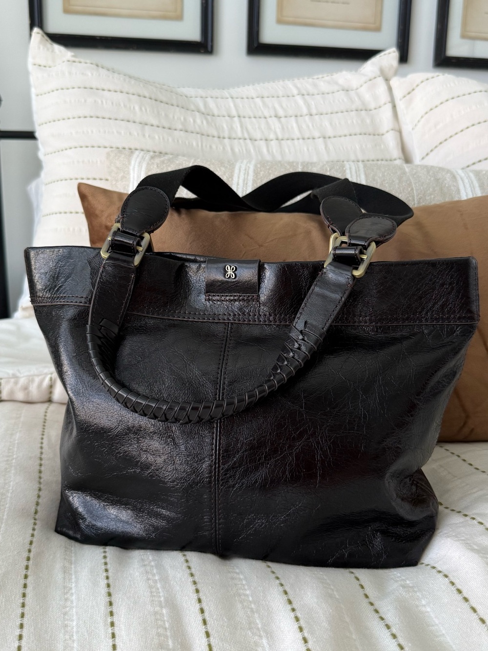 HOBO Romy Medium Black Polished Leather Tote Shoulder Bag